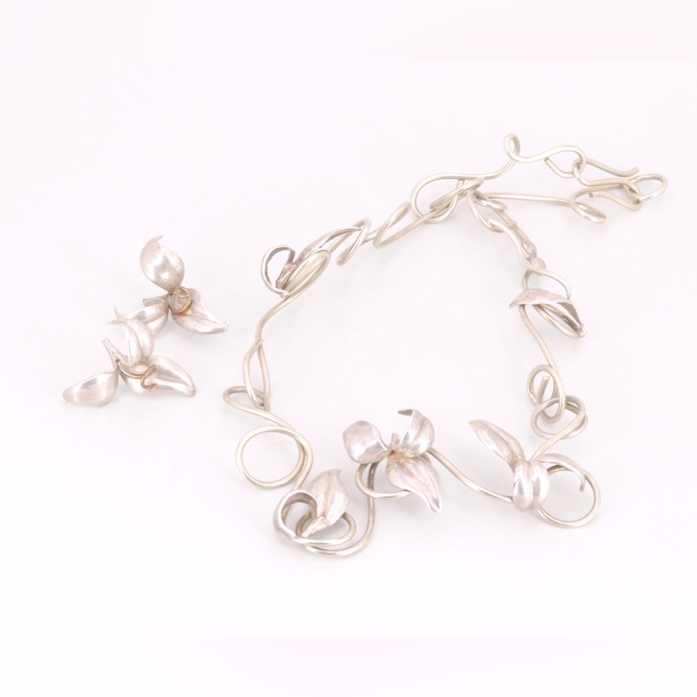 VNTG Volmer Bahner Signed Metal & Sterling Silver Floral Necklaces Earrings